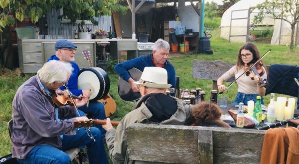 musicians playing Irish music in the garden
